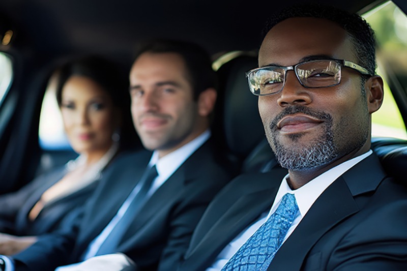 Multi ethnic business executives enjoy luxury limousine ride dur